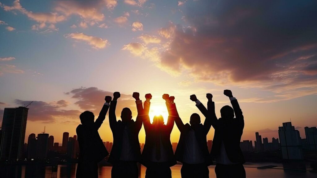 Group Of Business Team Members Raising Hands In The Sunset Sky Background To Depict Teamwork Free Photo 1024x574